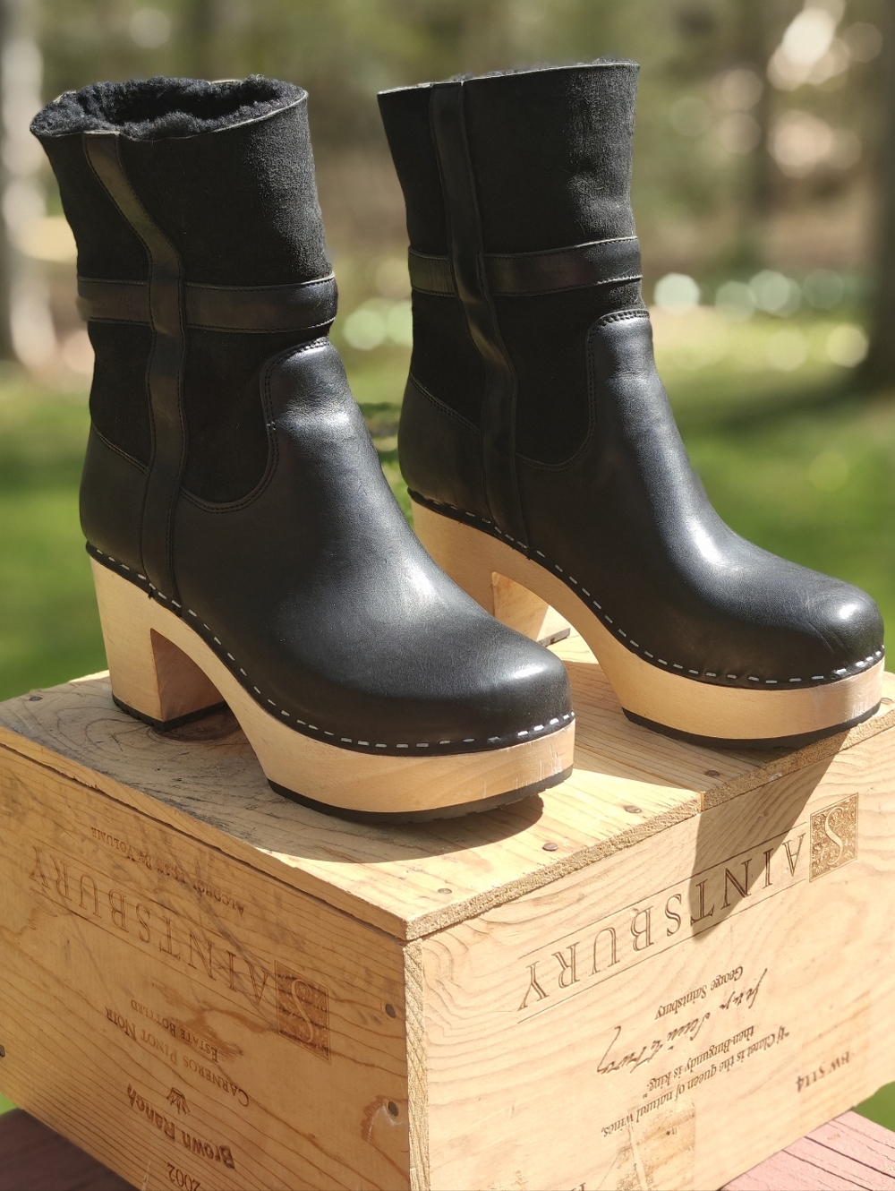 Swedish Hasbeens Black Leather Platform Clog Boots with Wooden Heel